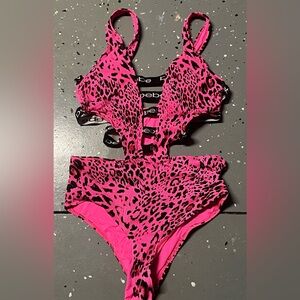 Bebe L Pink Black Leopard One Price Swimsuit Cut Outs
